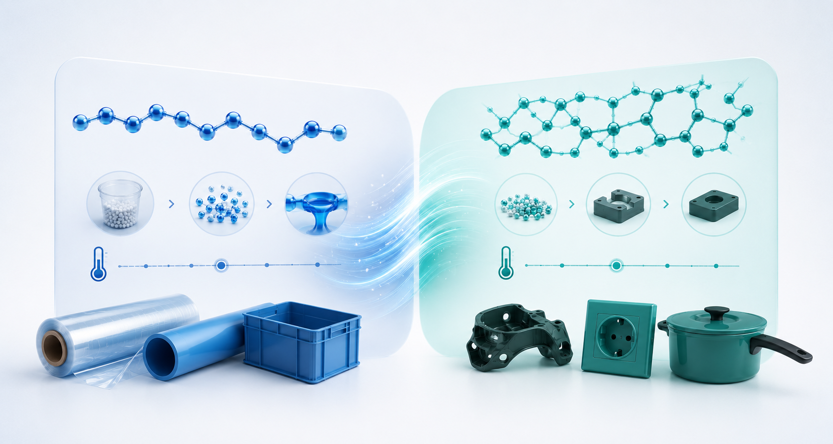 Termoplastik ve termoset davranış farkını gösteren karşılaştırmalı görsel